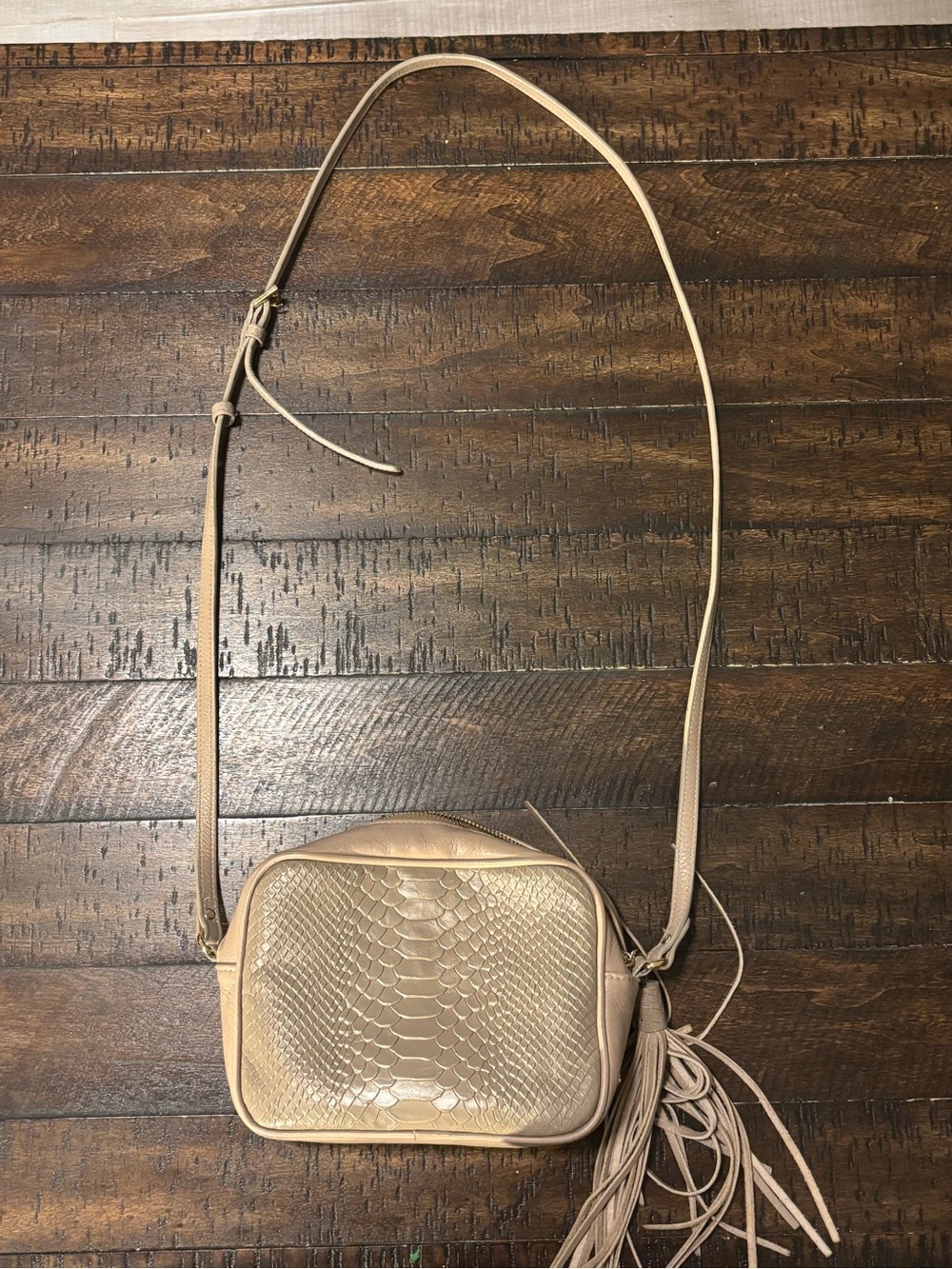 GiGi New York Leather Embossed Beige Small Crossbody Tassel Bag
